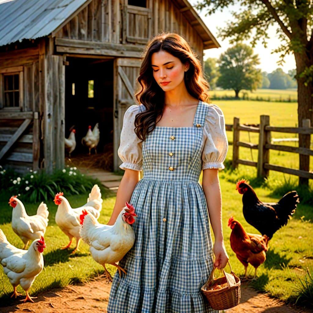 Farm Girl in Gingham Summer Dress with Chickens