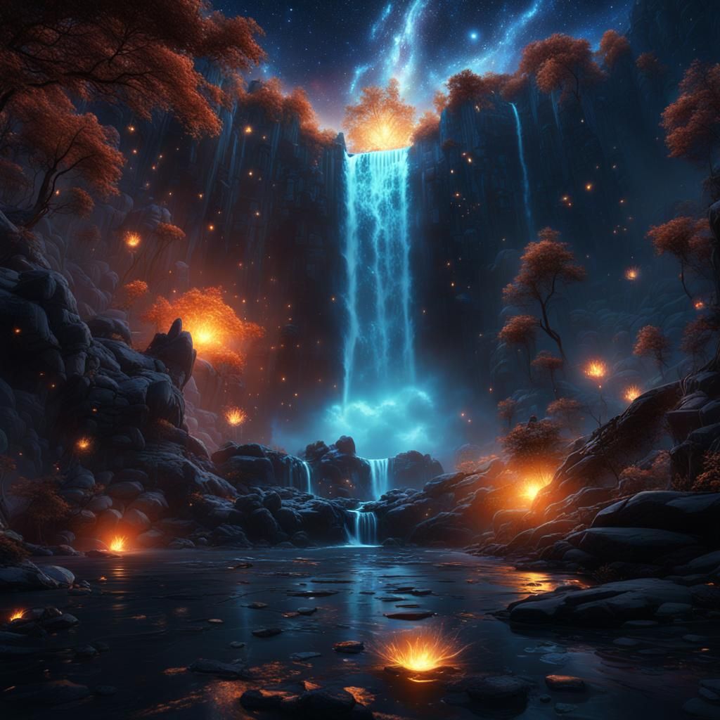 Exploding Mind: Waterfalls Under Starry Night
