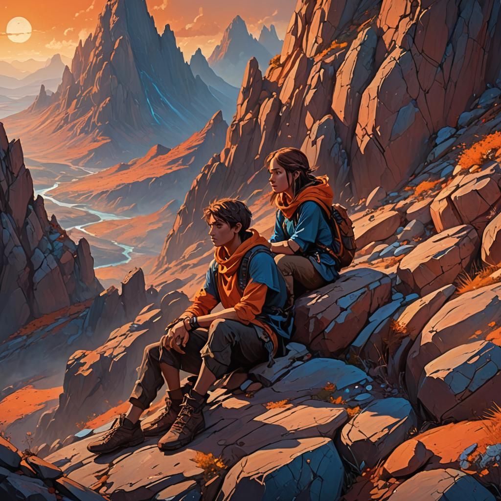 Fantasy Sunset: Boy and Girl on Mountain