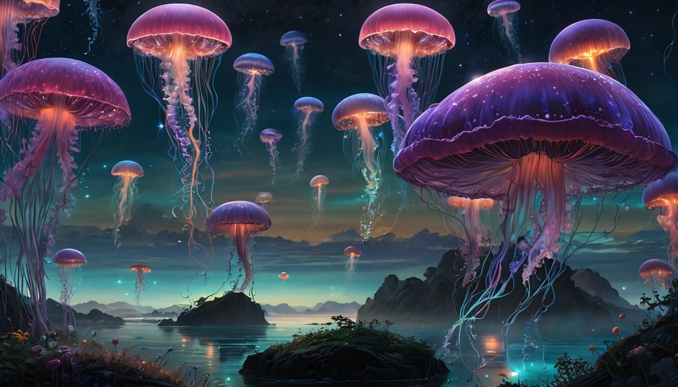Bioluminescent Jellyfish Dreamscape in Magic Realism Style