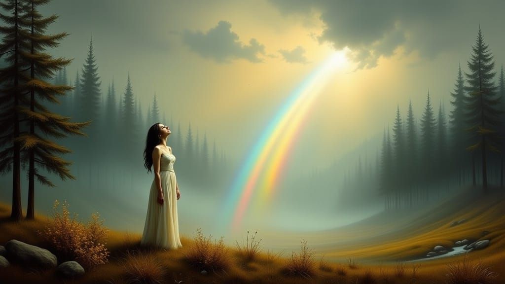 Woman Gazing at Rainbow in Impasto Style