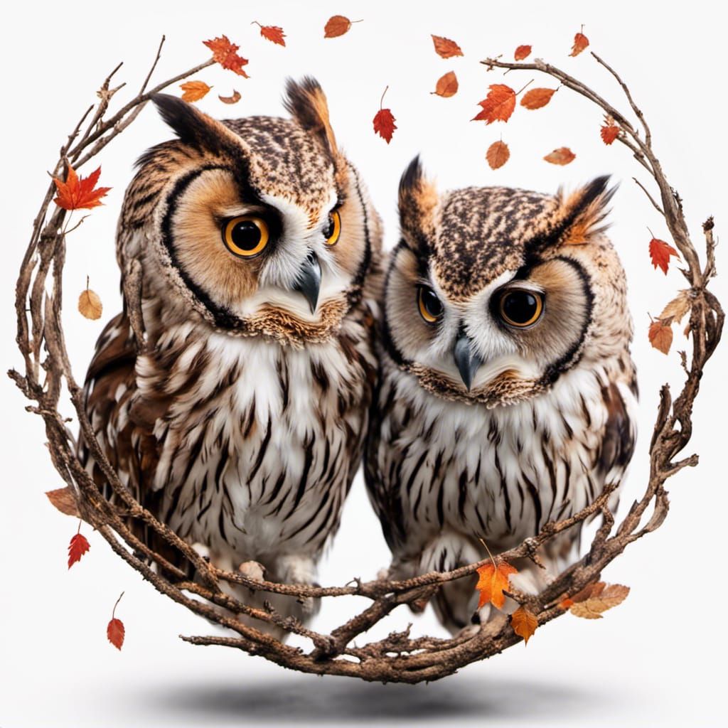 Two Owls in Autumnal Circle Portrait
