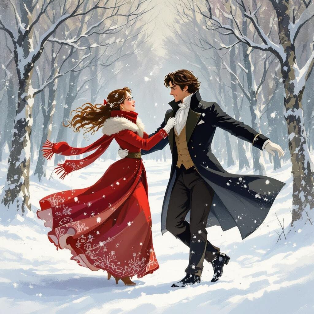 Elegant Couple Waltzing in Snowy Forest, Expressive Art