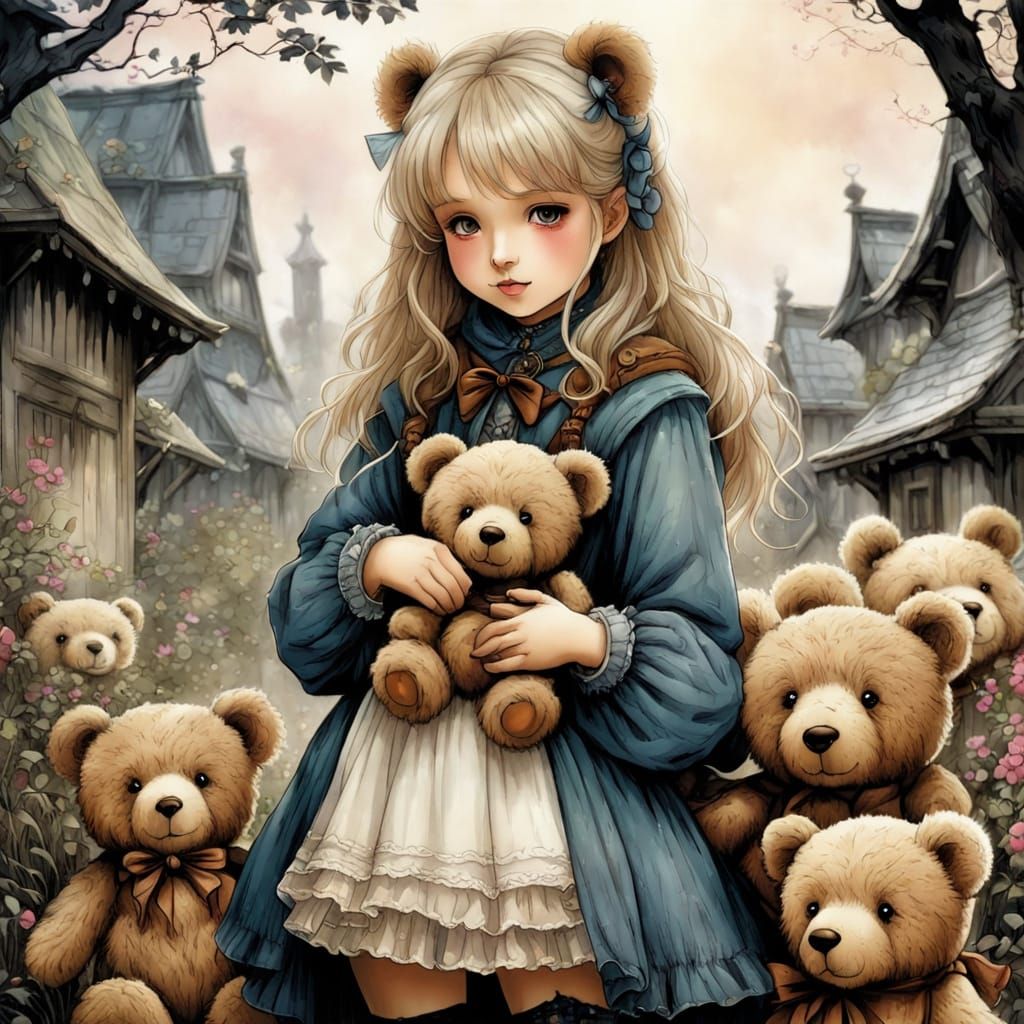 Anime Girl with Teddy Bear, Arthur Rackham Style
