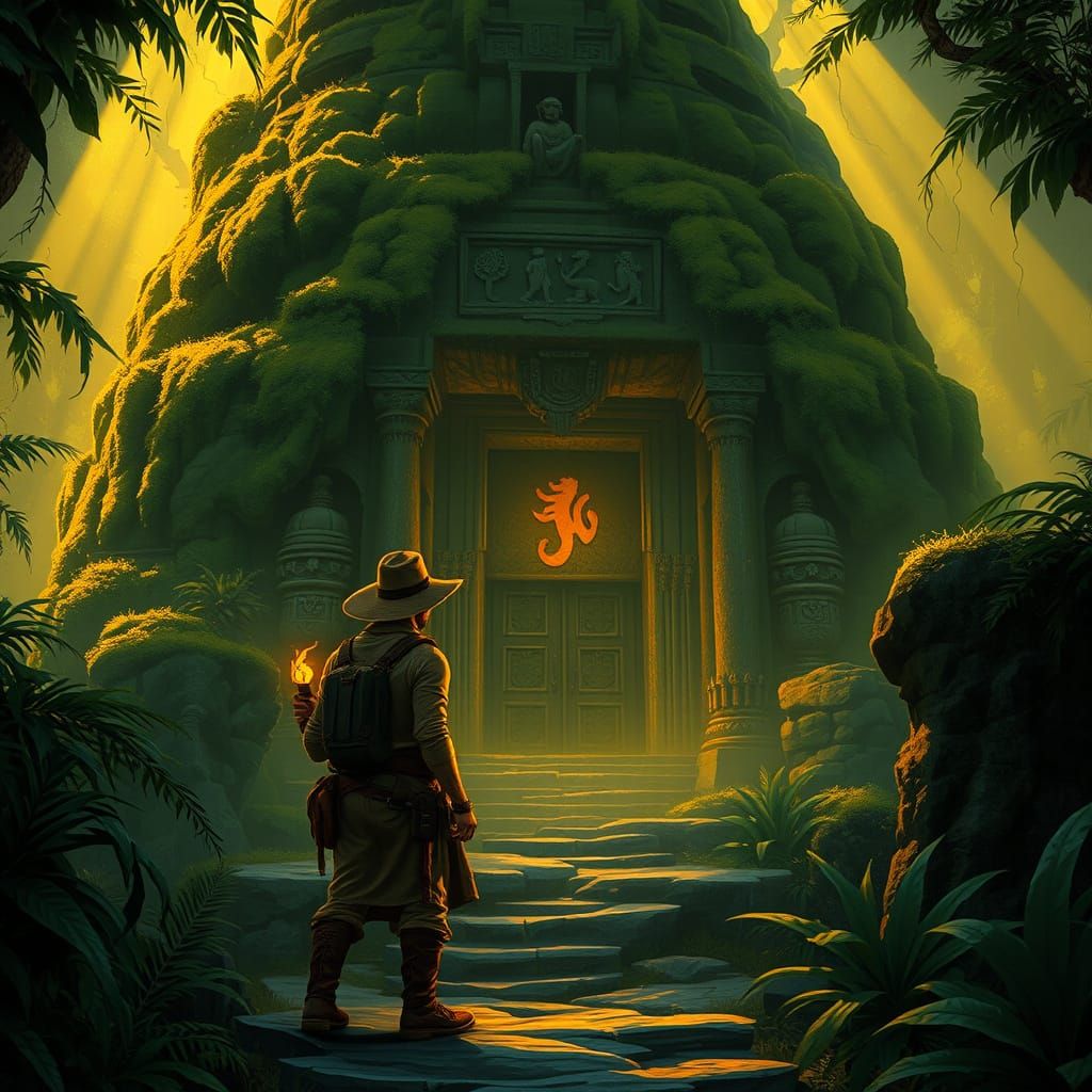Explorer and Glowing Temple Shrine in Jungle Style