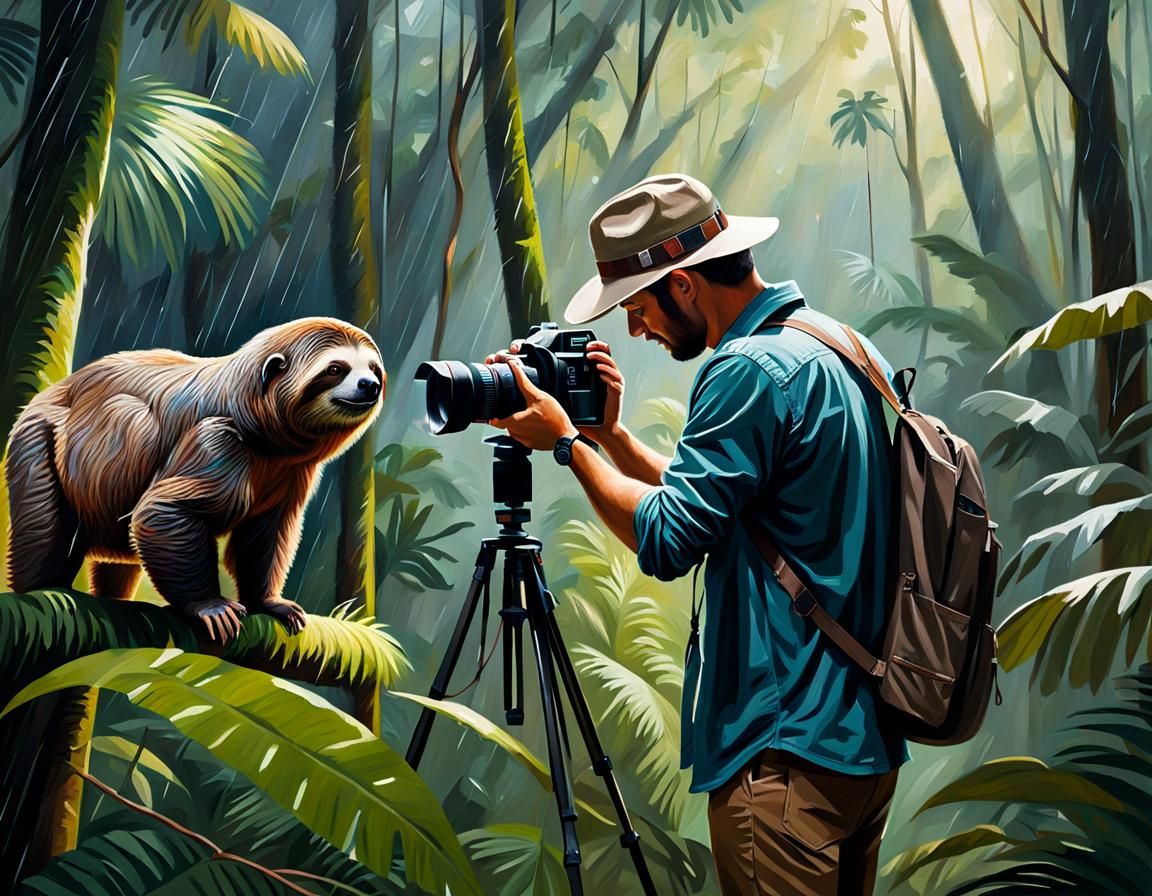 Wildlife Photographer Captures Sloth: Oil Painting