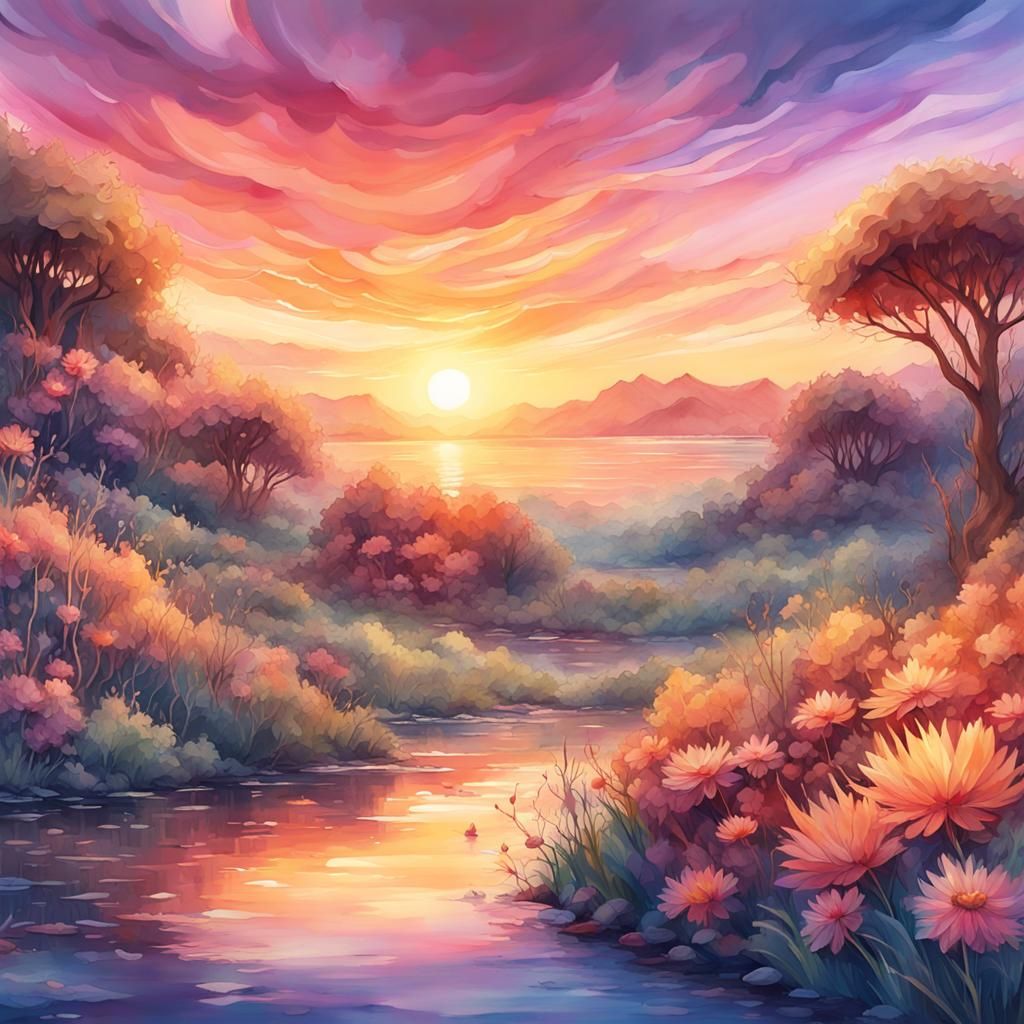 Summerscape Sunset in Digital Watercolor Style