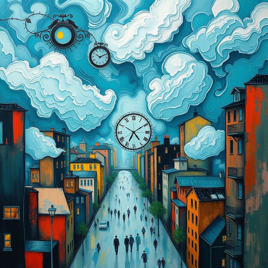 Surreal Cityscape in Expressionist Gouache Style