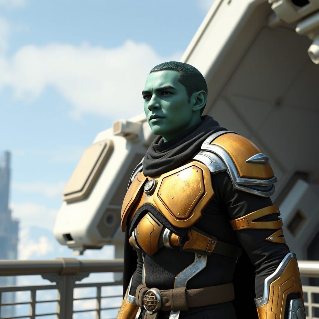 Green Alien Warrior in Futuristic Armor