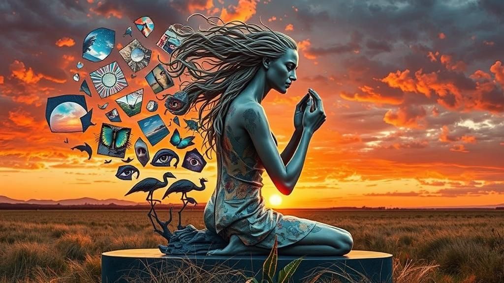 Surreal Sculpture of Woman with Cracked Mirrors