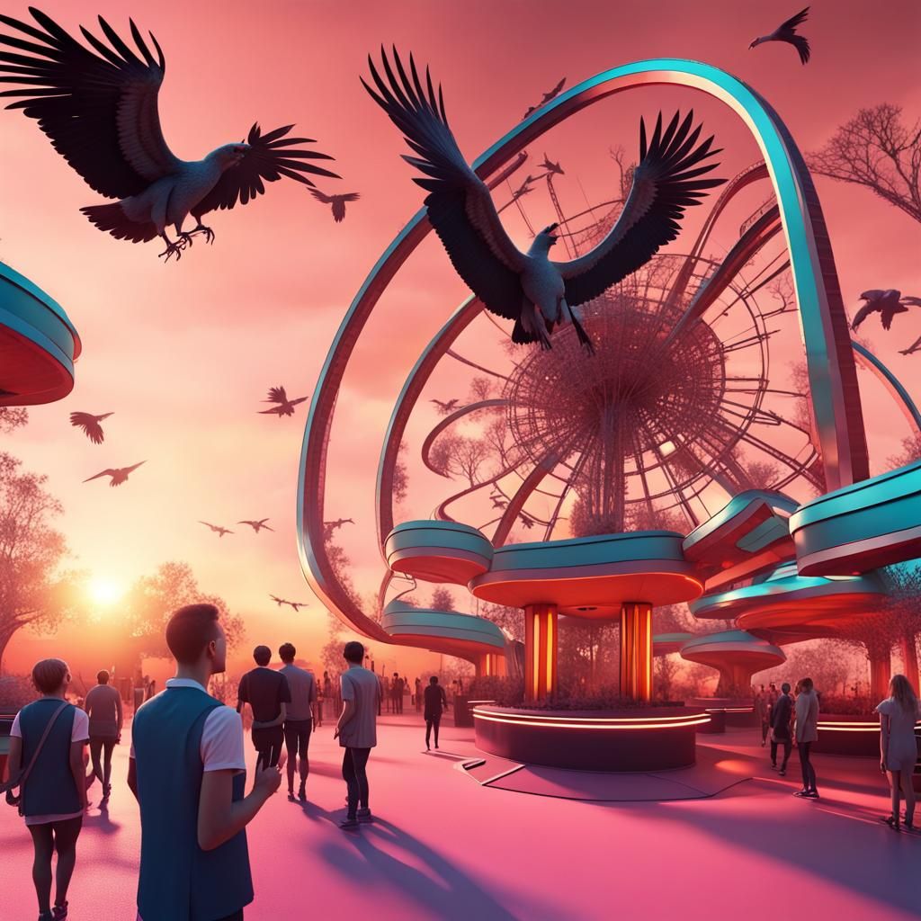 Retrofuturistic 3D Theme Park at Sunset