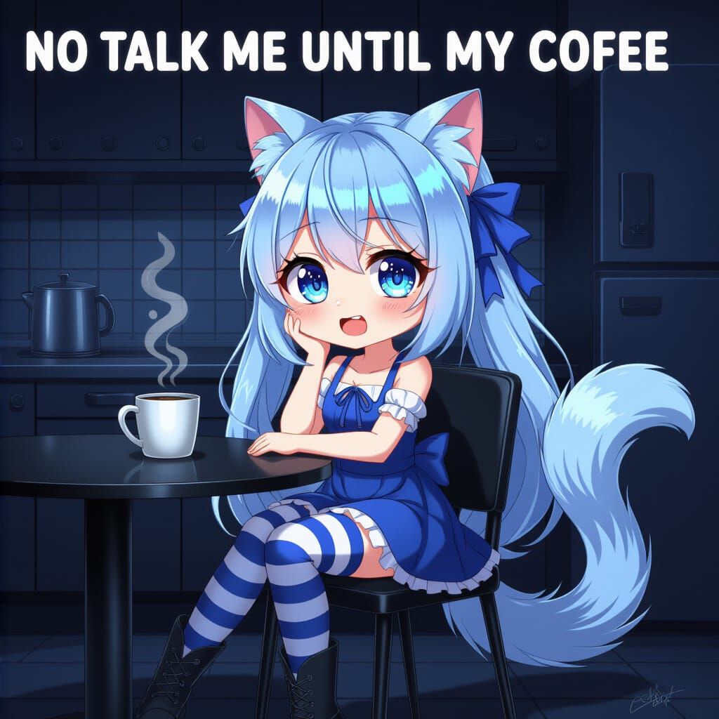Chibi Anime Catgirl Needs Coffee in Synthwave Style
