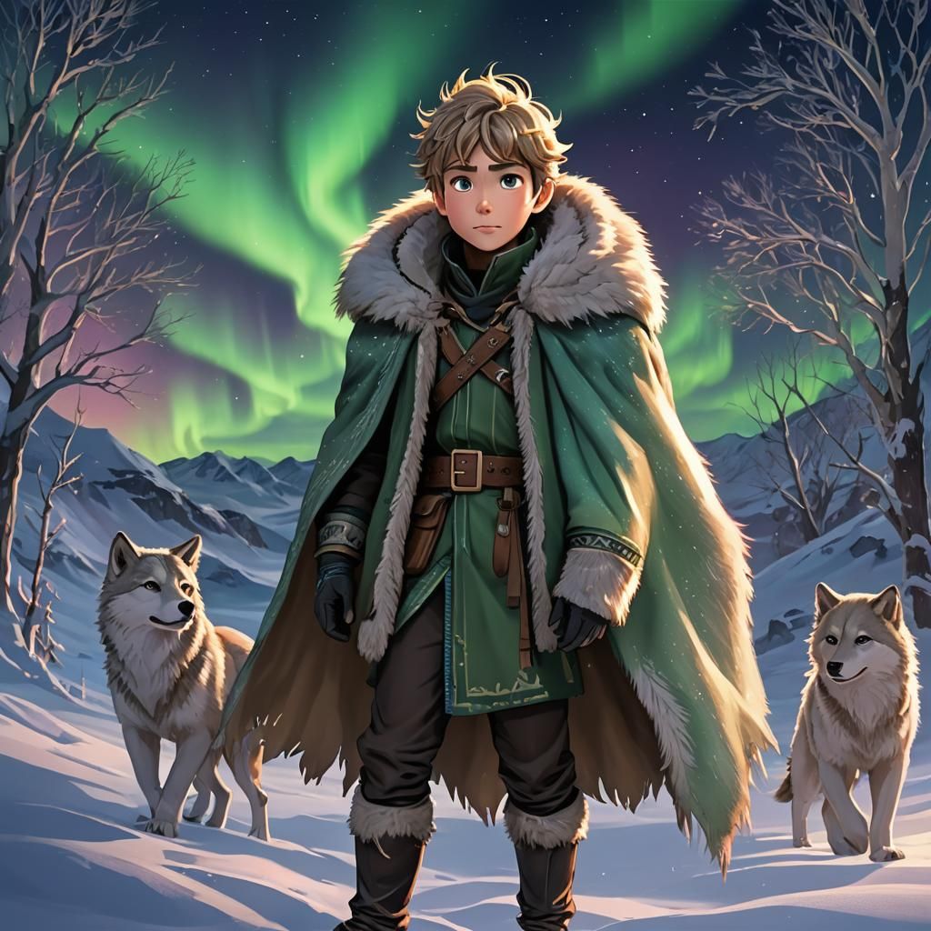 Anime Boy in Arctic Aurora Borealis: 3D Render