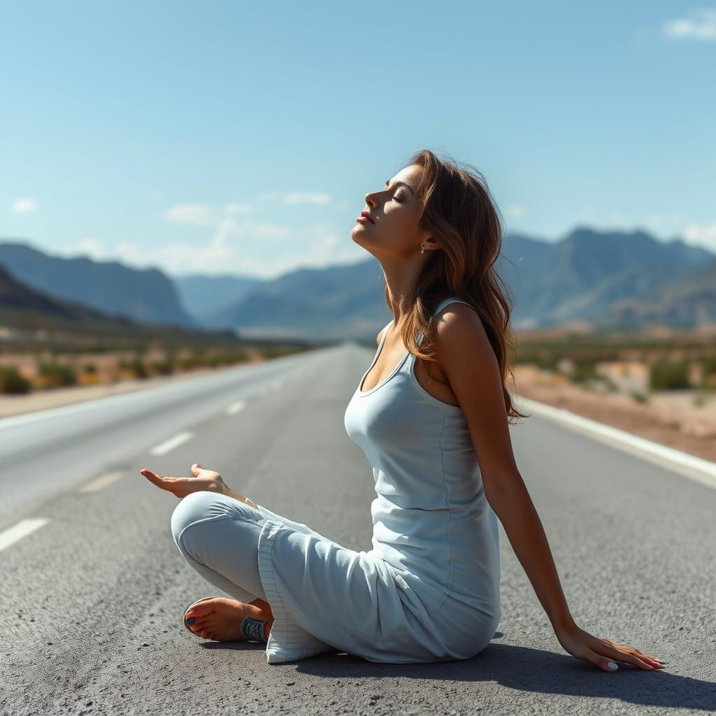 Meditating Woman on Empty Road: Photorealistic Art