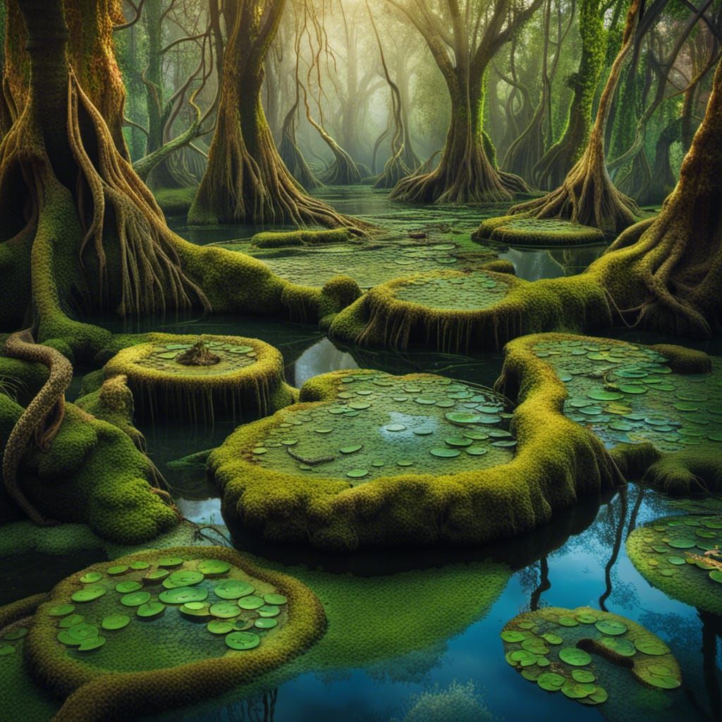 Ethereal Mangrove Forest with Waterfalls in Hyperrealism