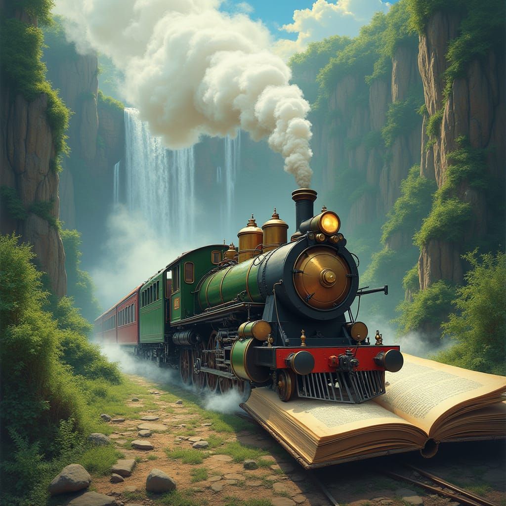 Steam Train Emerges from Ancient Book in Enchanted Landscape