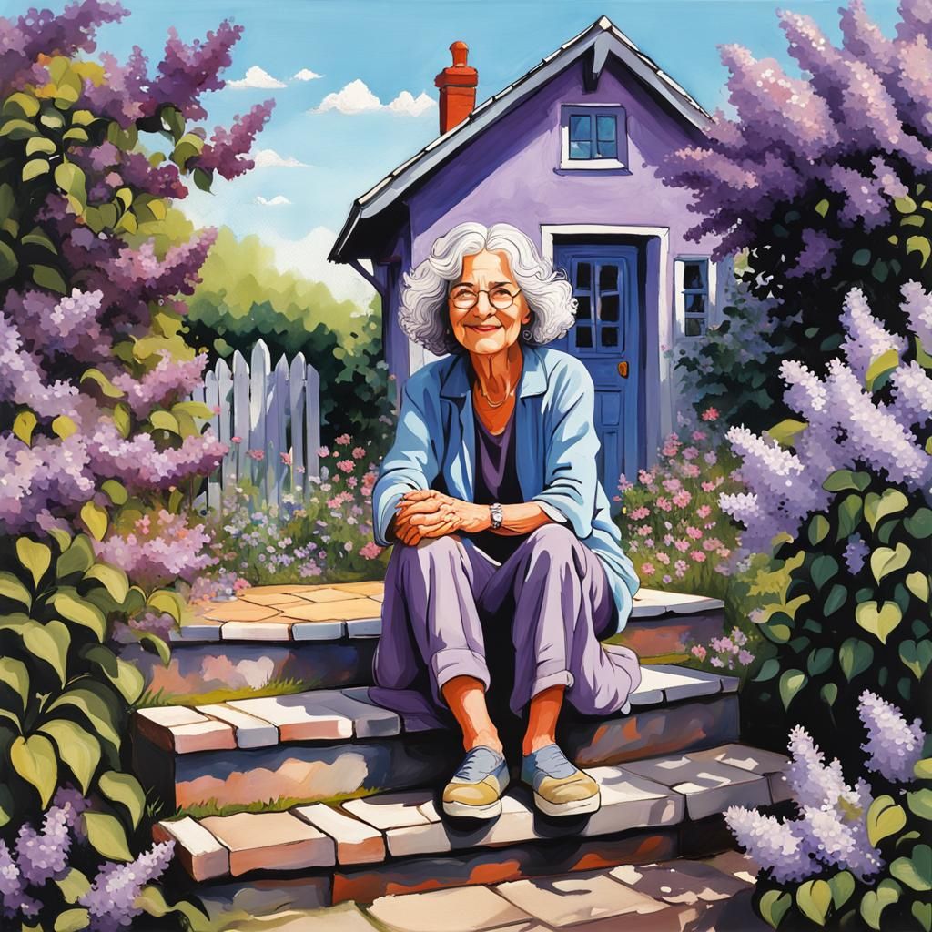 happy grey haired lady hippy sitting on step in cottage gard...