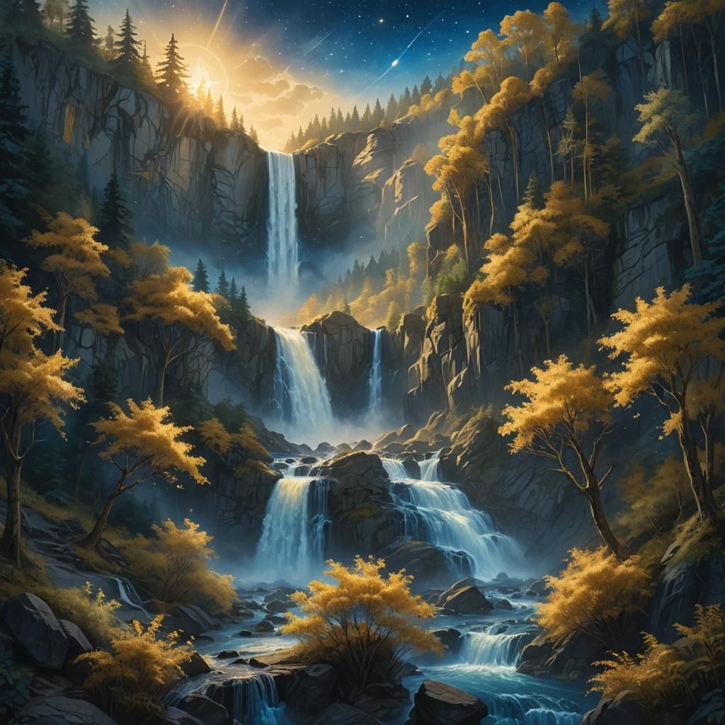 Mystical Waterfall in Starry Night Style