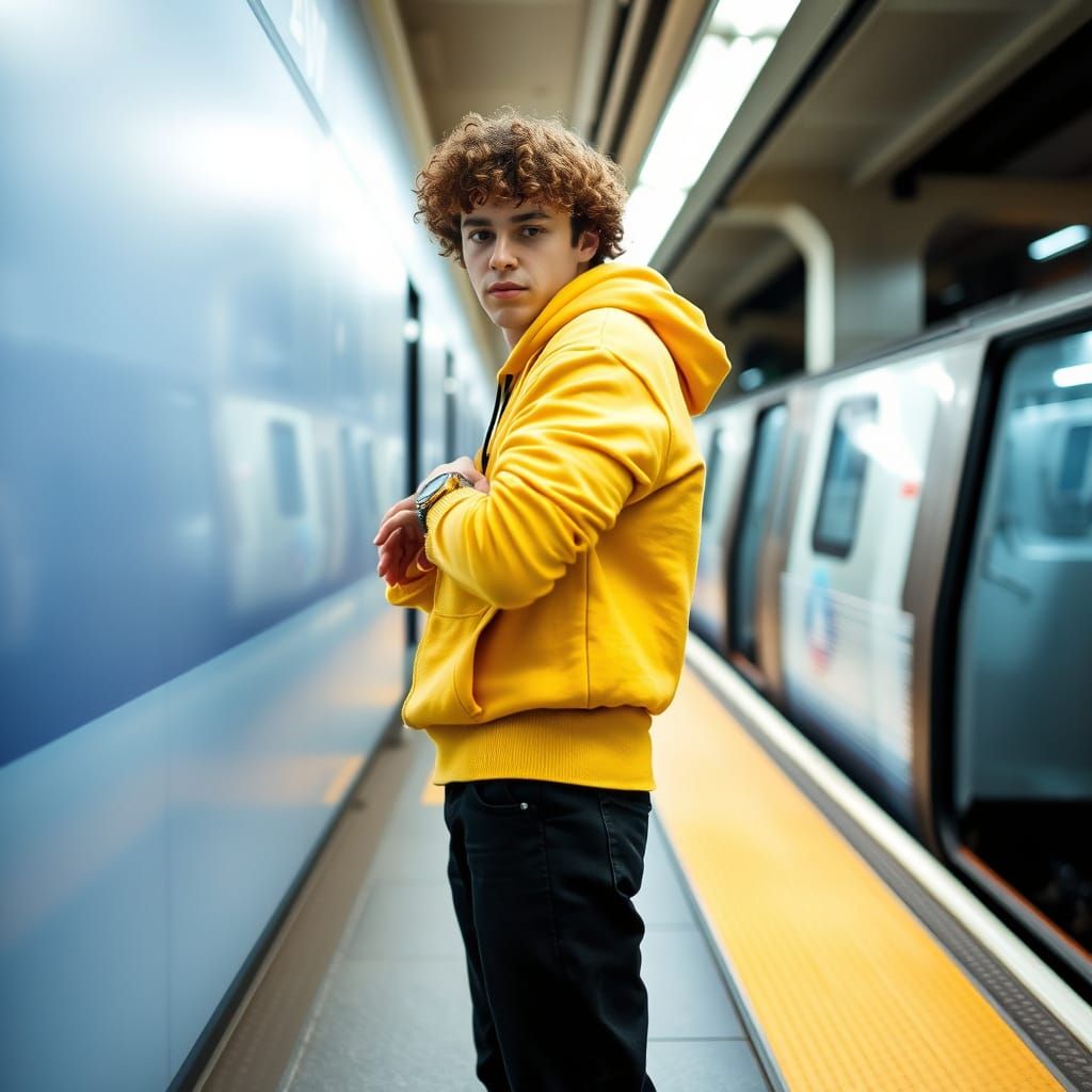 Young Man in Yellow Hoodie Waits for Subway Train