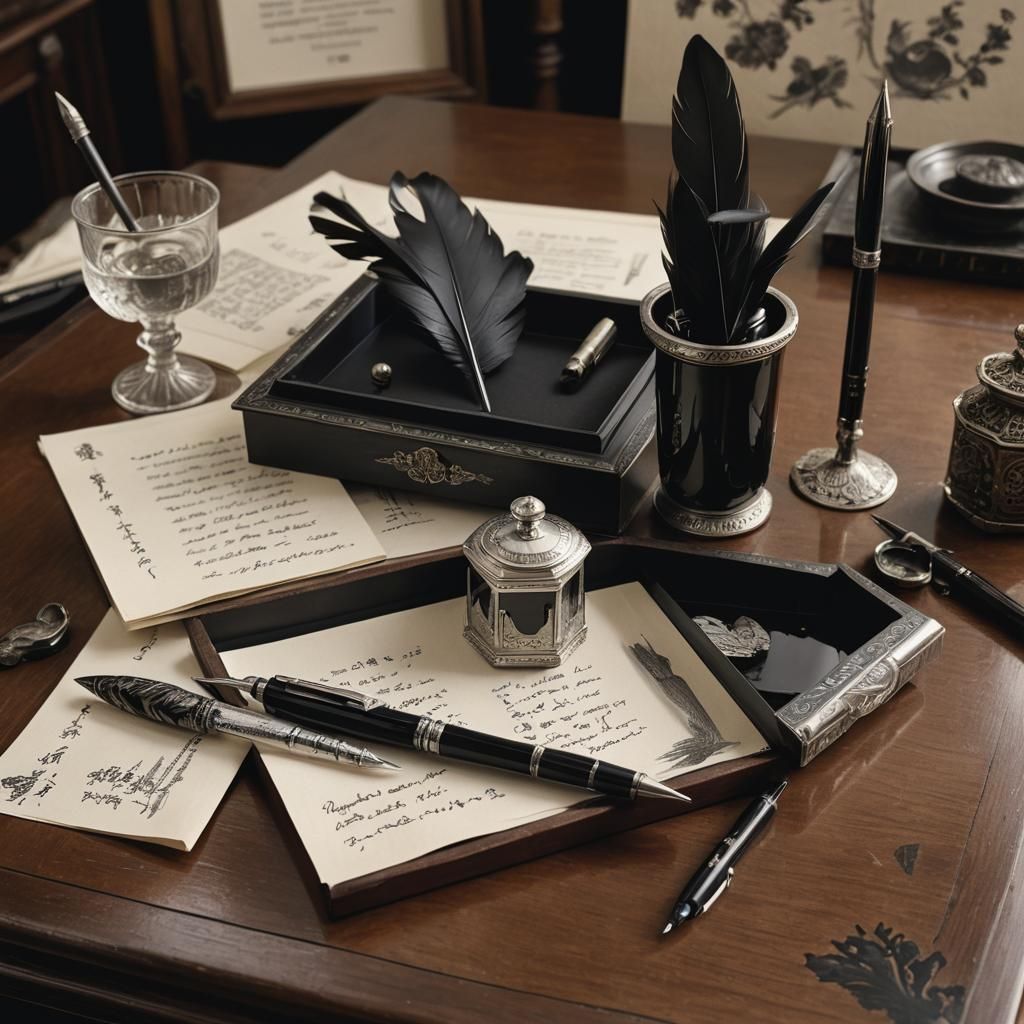 Sleek Black Feather Pen Still Life: Detailed Matte Painting