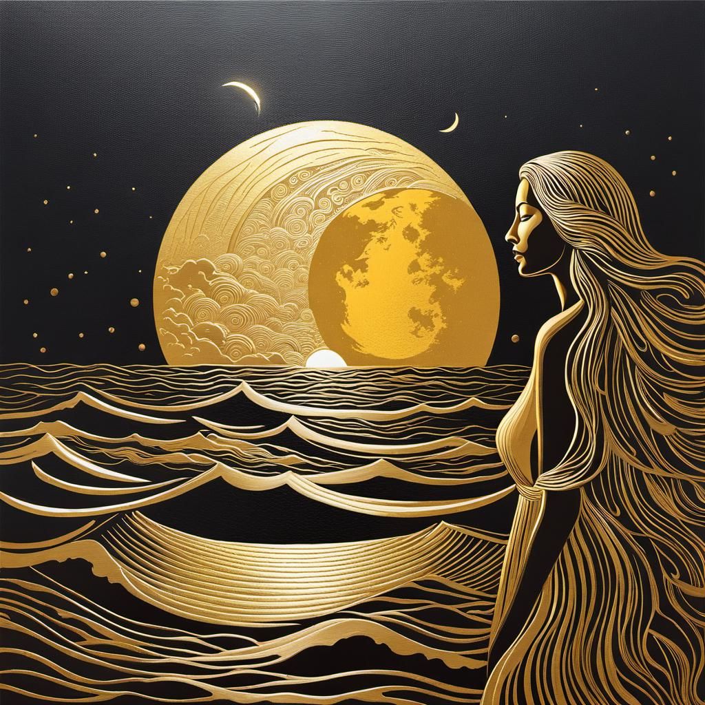 Golden Moon Over Sea Waves in Linocut Style