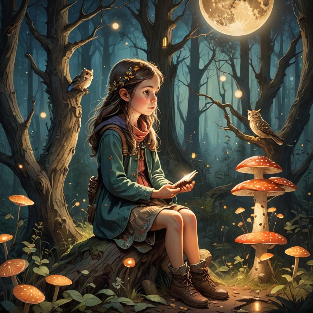 Enchanted Forest Scene with Girl and Owl