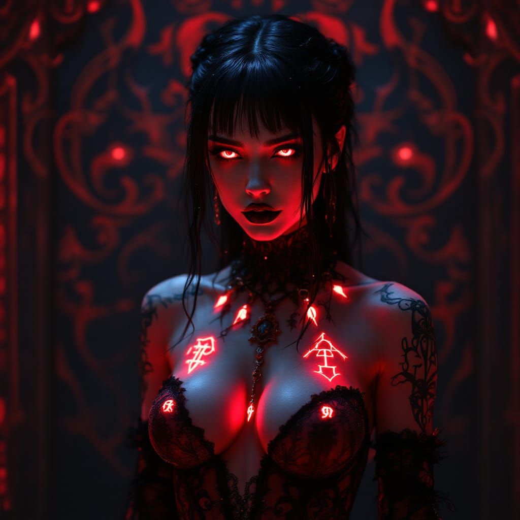 Goth Vampire Queen with Glowing Tattoos in Red Bodysuit