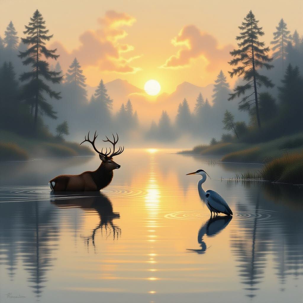 Misty River Dawn with Stag and Heron Oil Painting