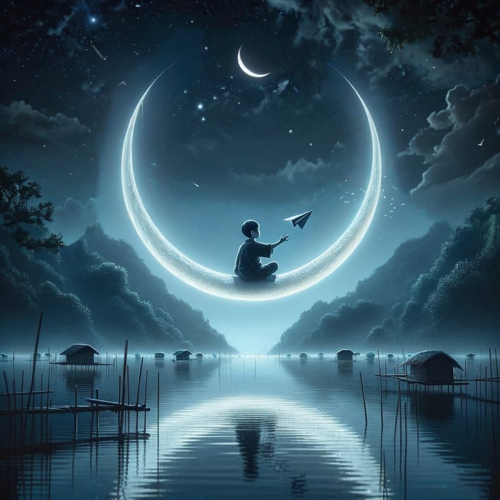 Surreal Country Boy Throws Paper Airplane Under Glowing Moon