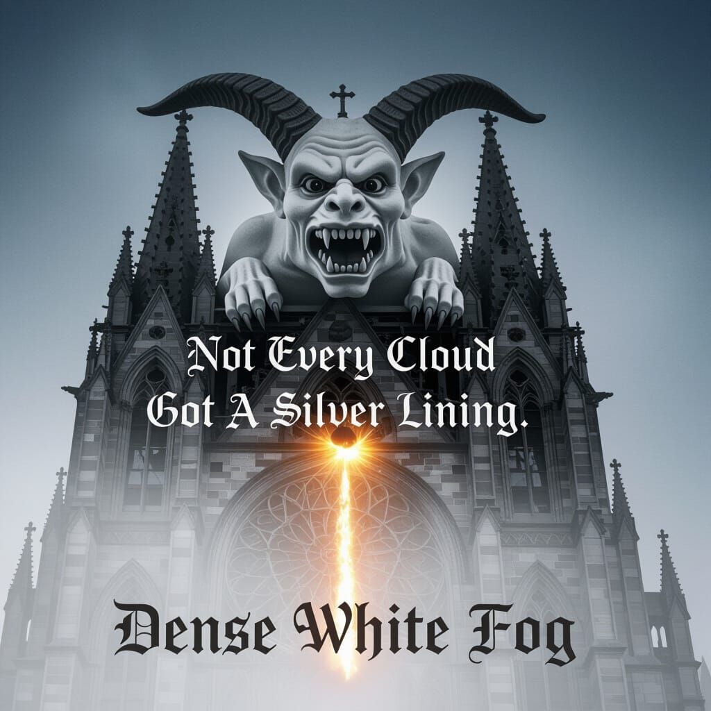 Gothic Church Gargoyle in Dark Fog with Fiery Meteor Strike