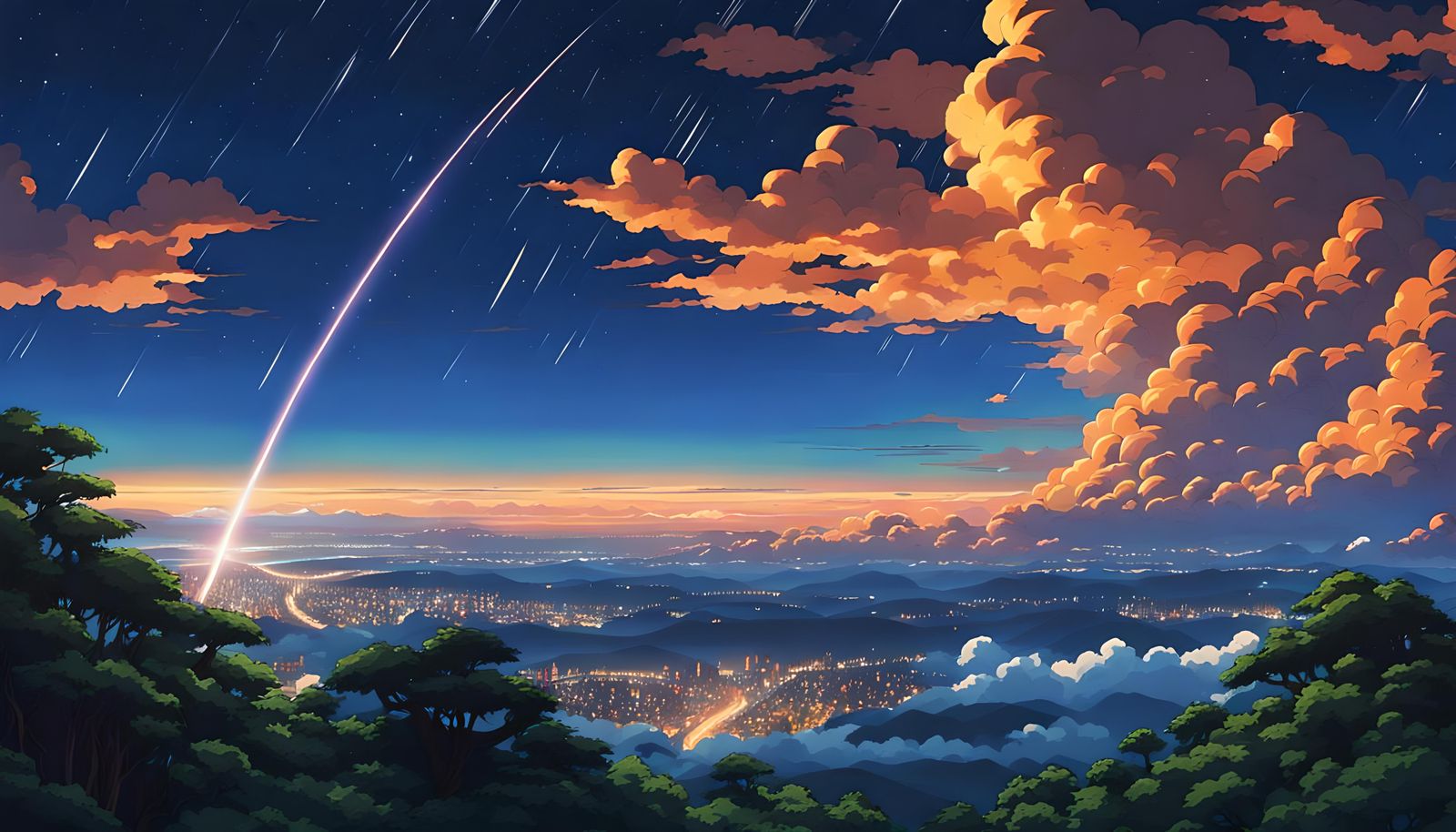 Meteor Shower Over Clouds: Ghibli Anime Visual