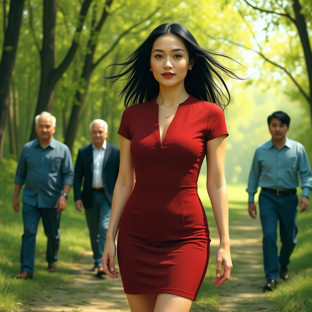 Asian Woman Walks Through Glade with Men
