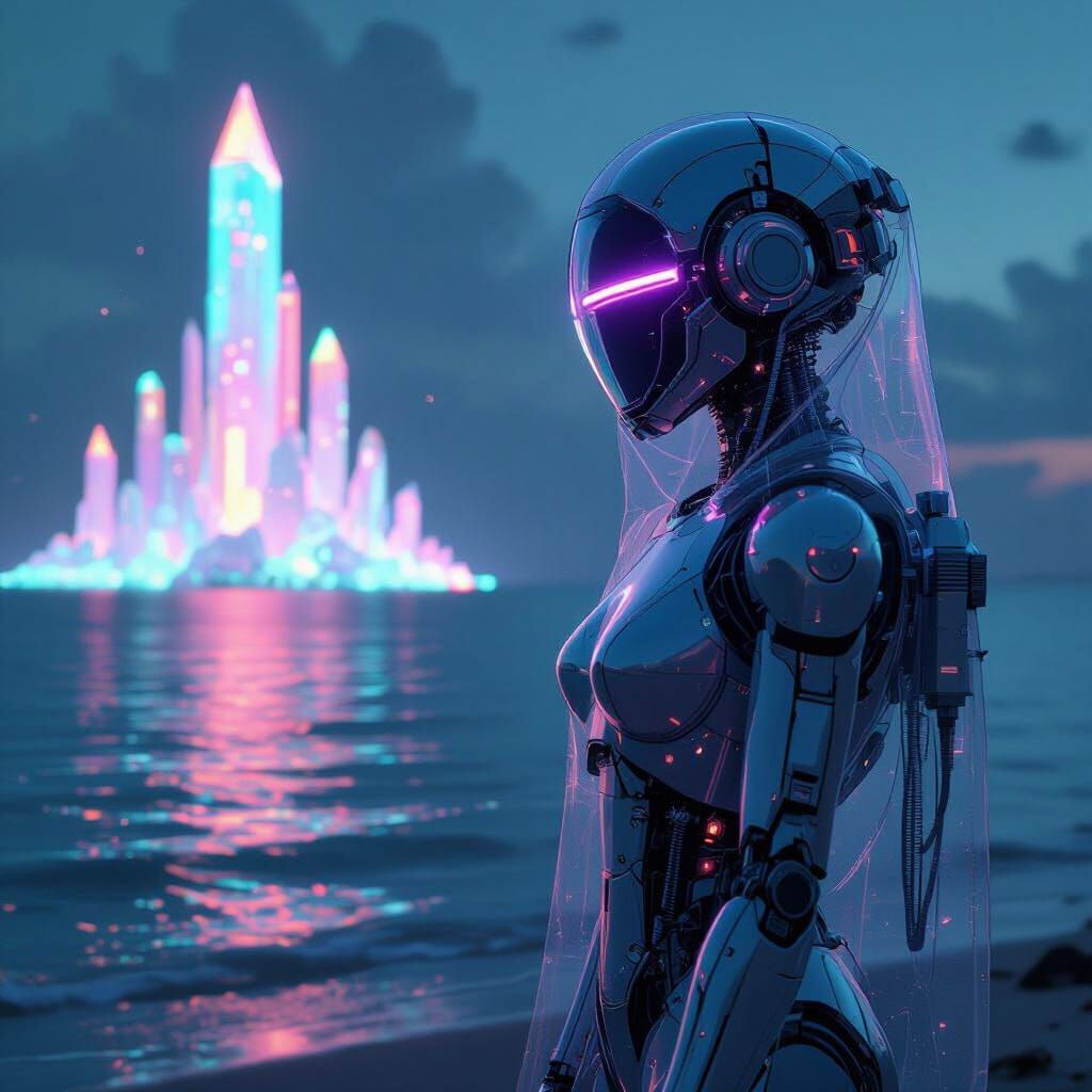 Female Robot Admiring Crystal Forest in Cyberpunk Style