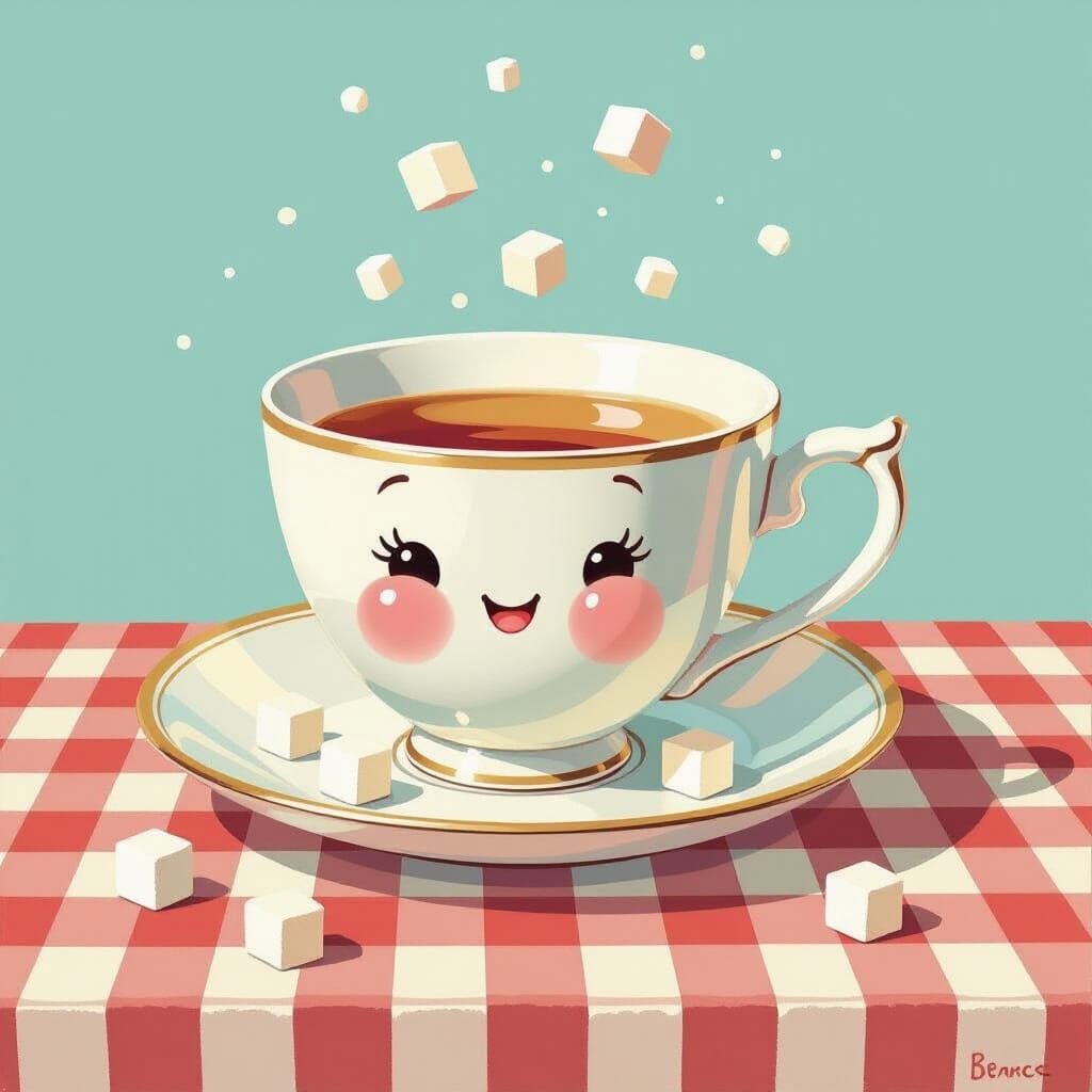 Whimsical Teacup and Saucer with Dancing Sugar Cubes