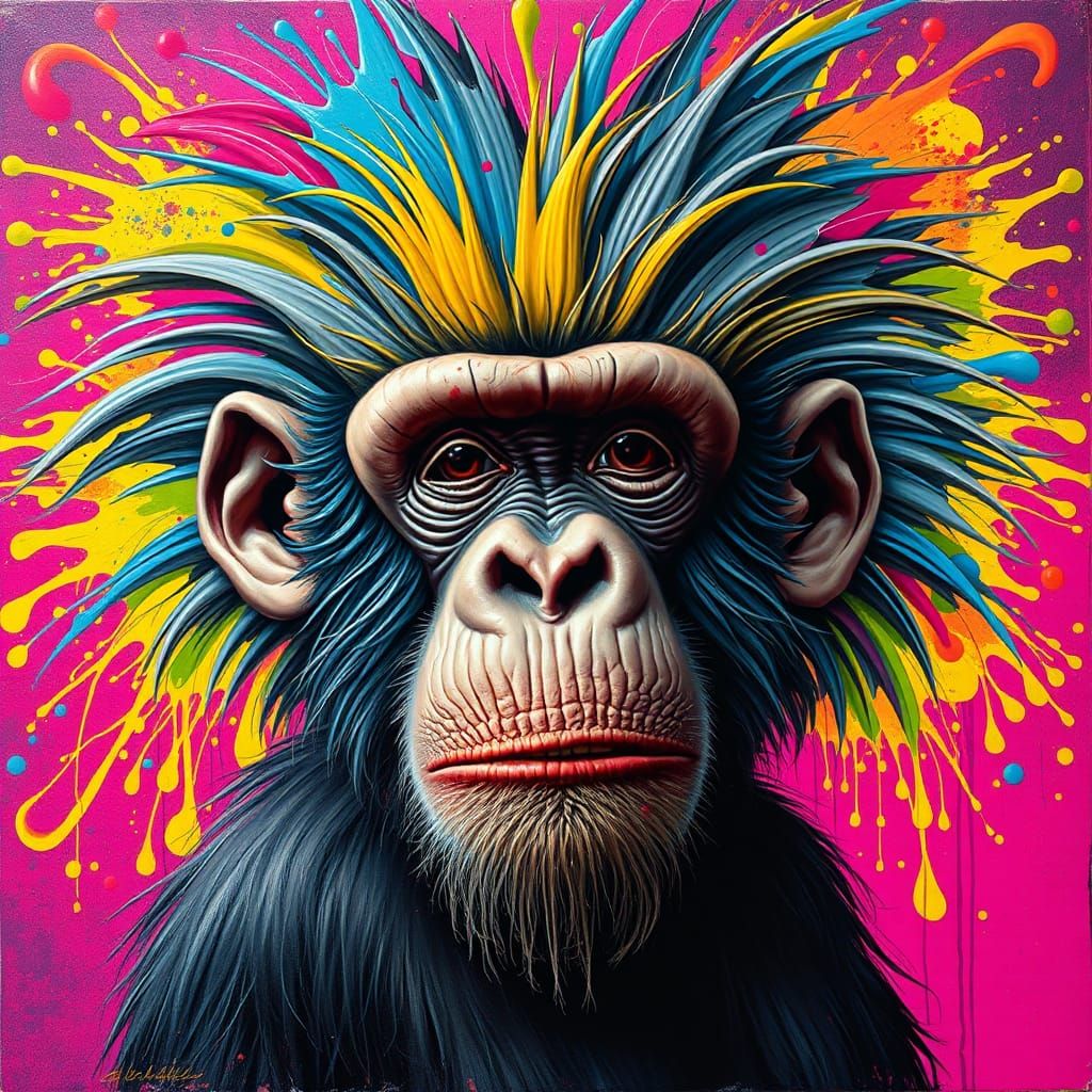 Surreal Monkey Portrait with Polychromatic Hairdo