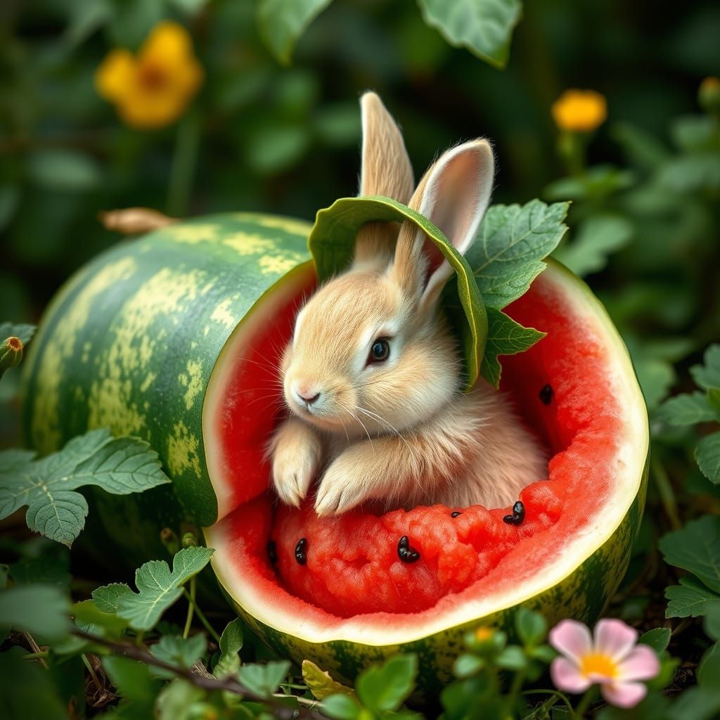 Watermelon Rabbit in Lush Garden, Whimsical Art