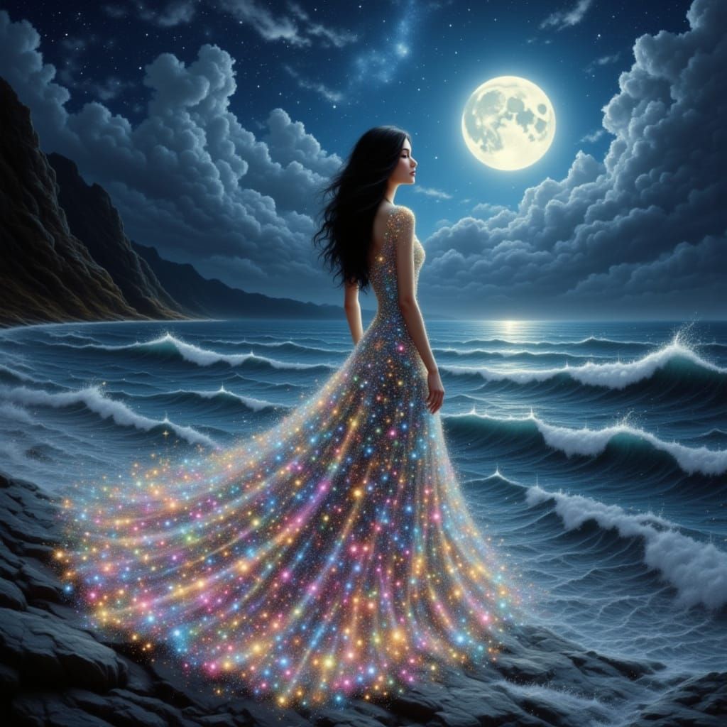 Surreal Moonlit Landscape with Glowing Woman