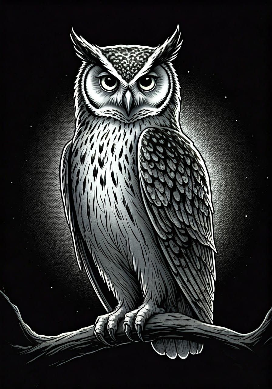 Highly detailed black and white ink drawing of an owl sitting at night