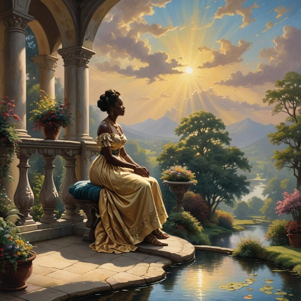 Serene Silhouette: Black Woman in Kinkade-style Painting