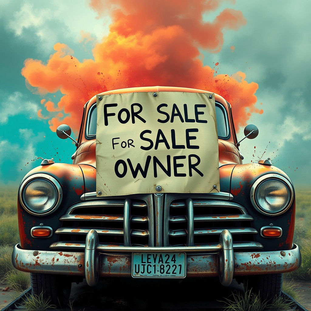 Antique Car 'For Sale' Sign in Hyperrealistic Style