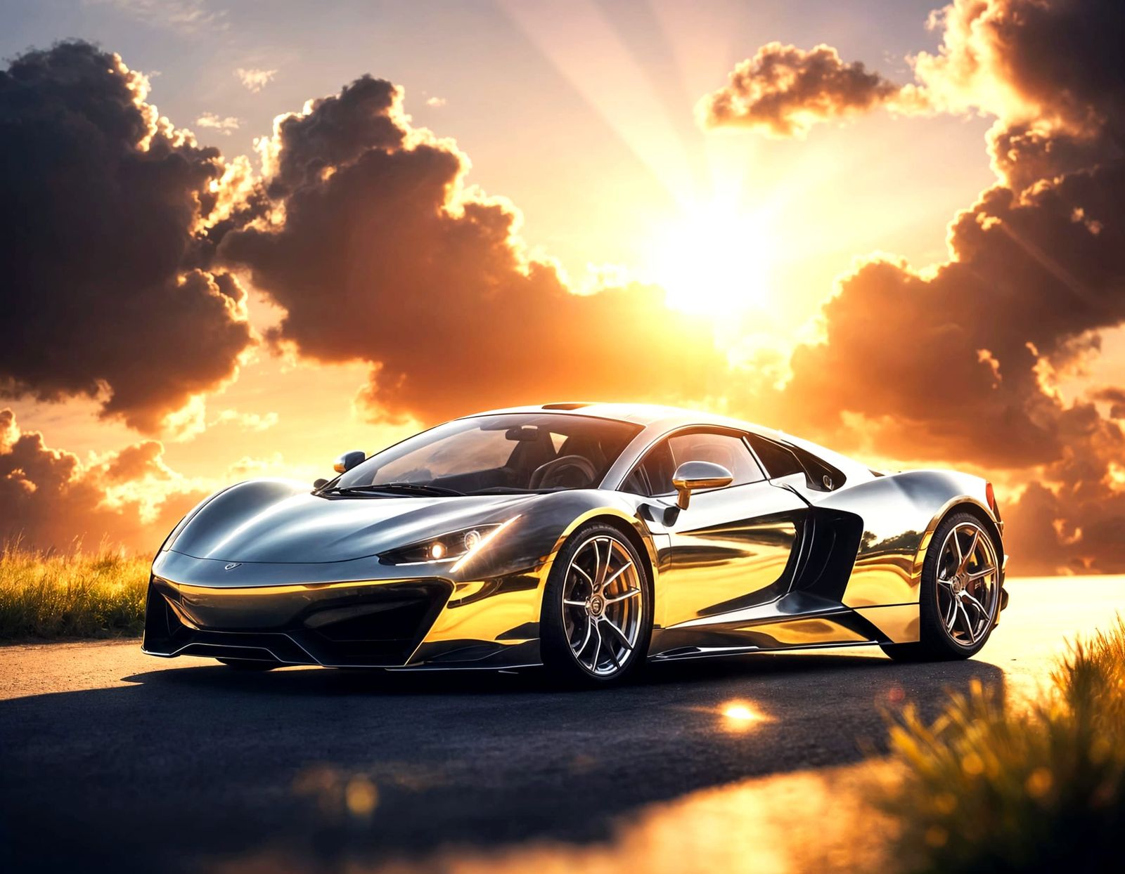 Luxurious Chrome Supercar in Golden Hour Glory