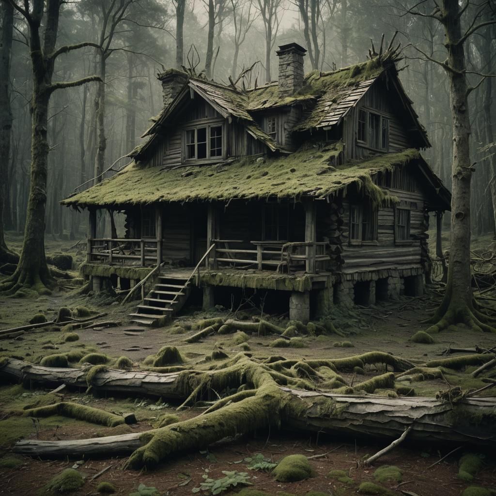 Eerie Log Cabin in Dark Fantasy Landscape
