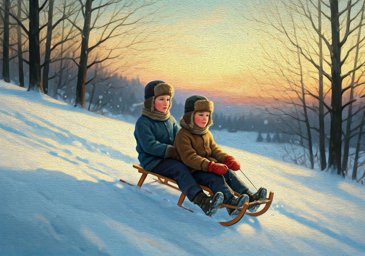 Two Brothers Sled Riding Down a Steep Winter Hill in a Class...