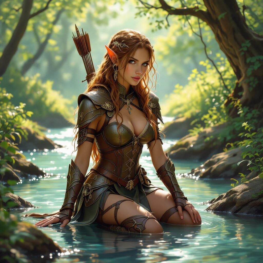Elven Huntress in Forest Glade: Hyperrealistic Art