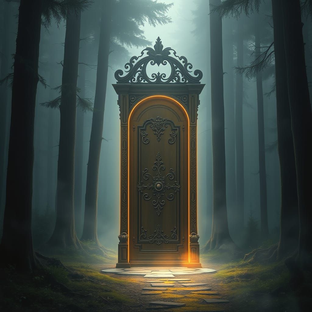 Ethereal Door in Misty Forest, Fantasy Realism