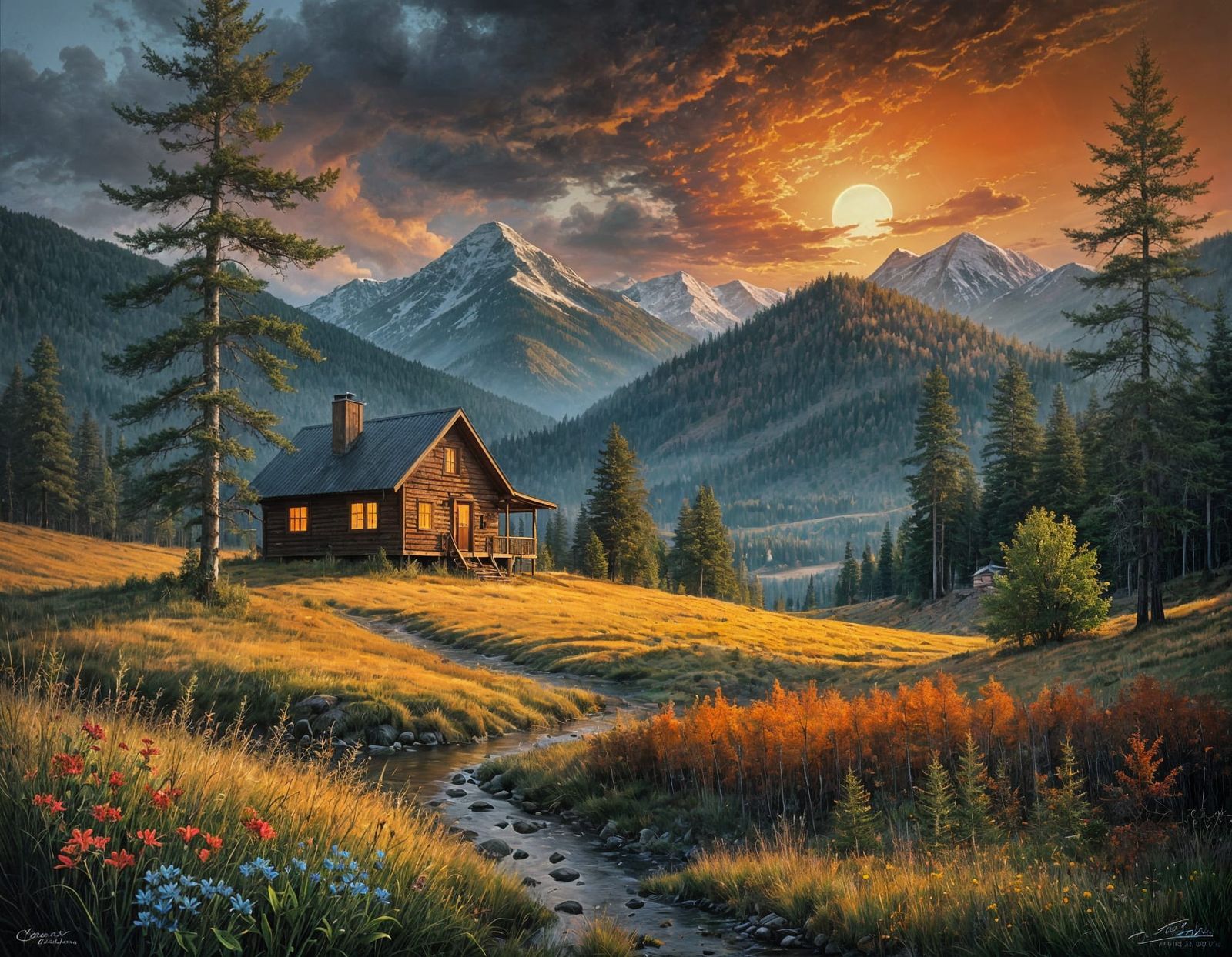 Misty Mountain Sunset Landscape Painting