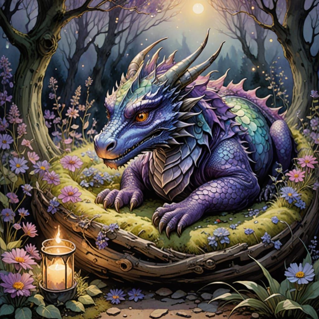 Whimsical Purple Dragon in a Cozy Watercolor Nest