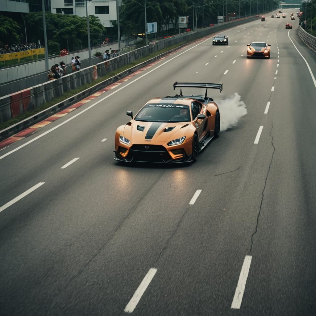 Futuristic Car Race in Singapore: Cinematic Film Still