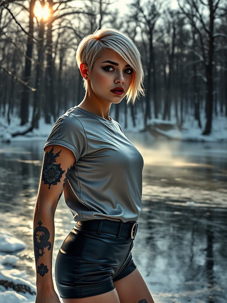 Mysterious Winter Goddess in Leather and Satin, Surrounded b...