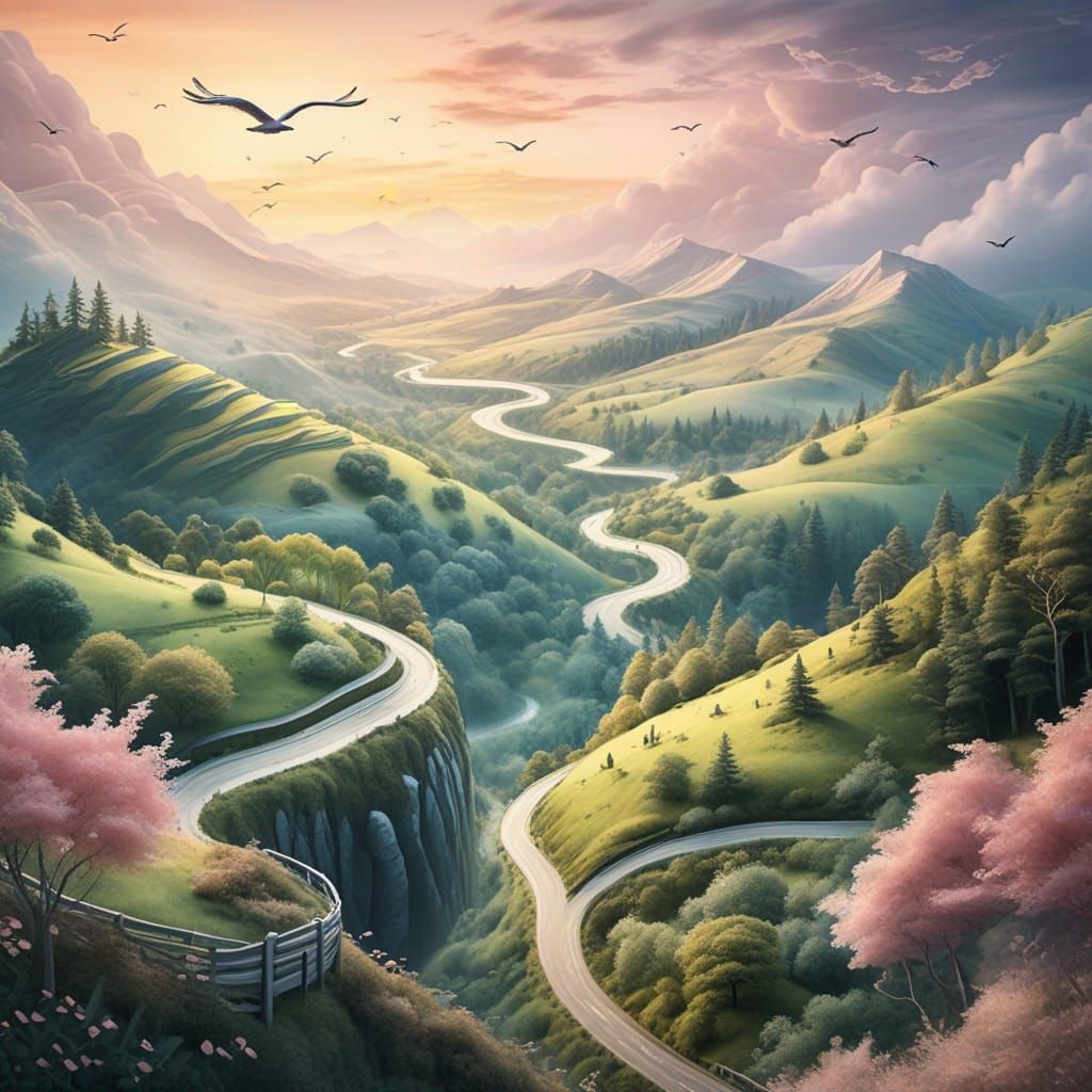 Fantasy Landscape Aerial View in Watercolor Style